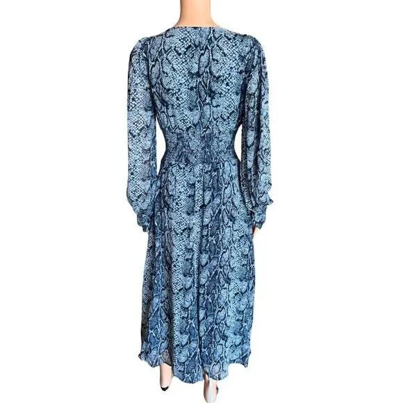Reformation Aries Midi Dress Blue Snakeskin Smocked Plunge Long Sleeve Small - Picture 6 of 8